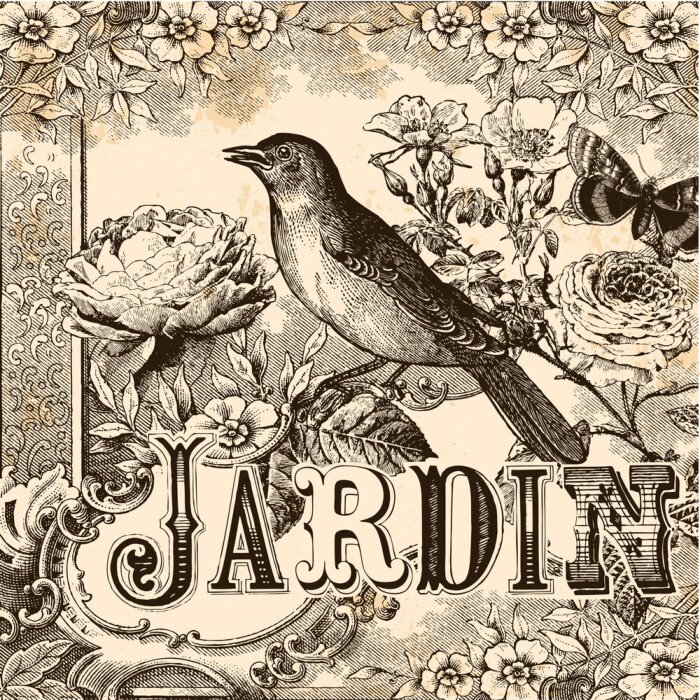 Poster Vogel en bloemen in vintage illustratie