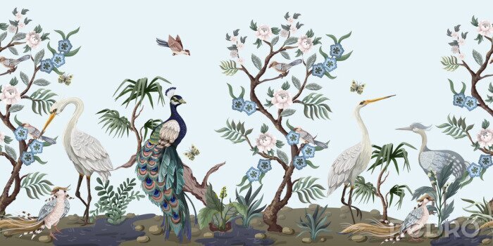 Poster Vogels en bloemenbomen