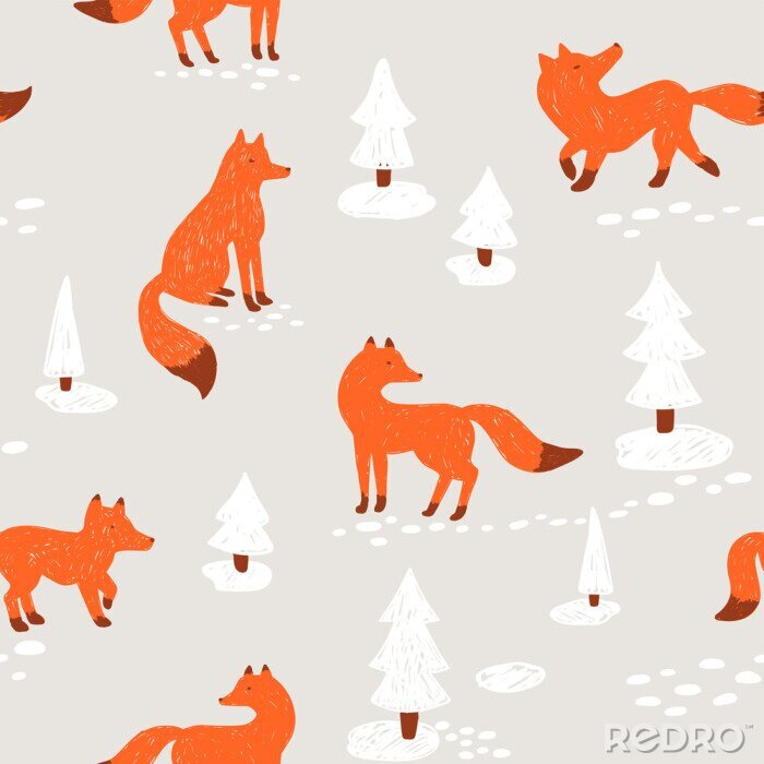 Poster Vossen en kerstbomen in sneeuw op grijze achtergrond