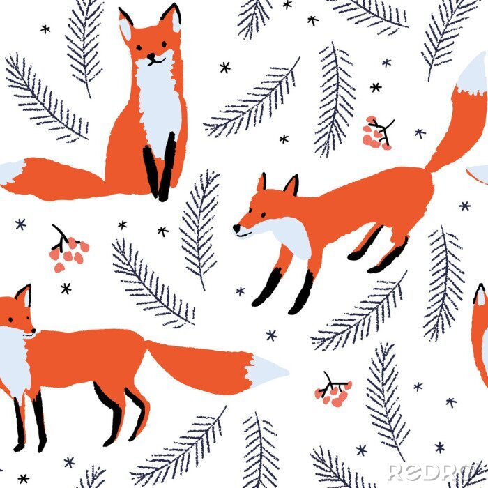 Poster Vossen en planten op een witte achtergrond