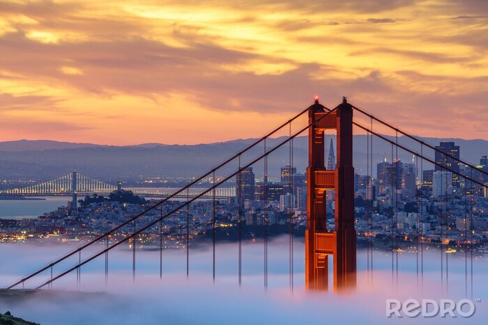 Poster Vroeg in de ochtend lage mist bij Golden Gate Bridge
