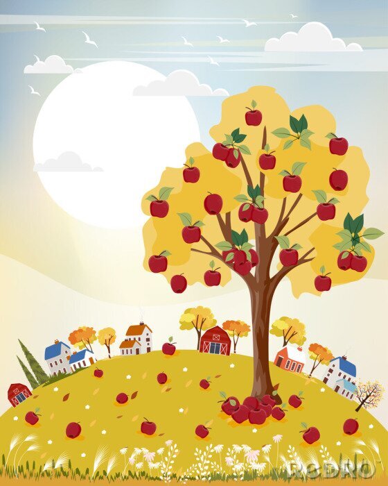 Poster Vrolijk landschap met appelboom en stadje