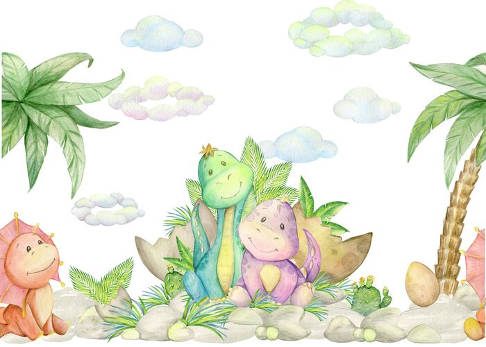 Poster Vrolijke dinosaurussen en exotische palmbomen