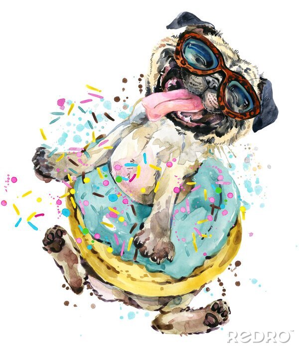 Poster Vrolijke hond met bril in een donut