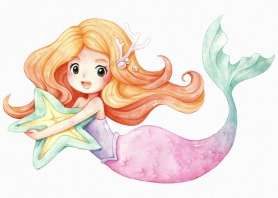Poster Vrolijke zeemeermin met een zeester in haar handen
