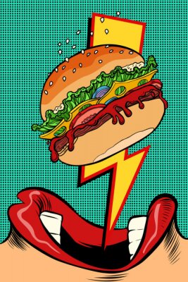 Poster Vrouw die Hamburger eet. Pop-art stijl. Vrouwelijke mond