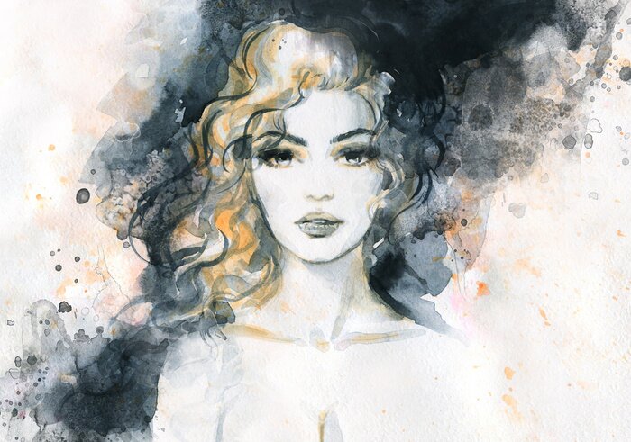 Poster Vrouw gezicht en zwarte aquarel verf spatten