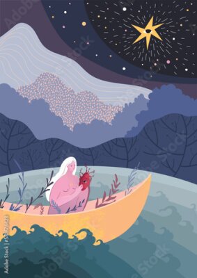 Poster Vrouw in een boot op een maanverlichte nacht