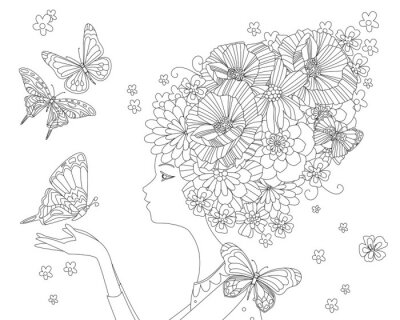 Poster Vrouw met bloemen in plaats van haar en vlinders