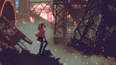 vrouw met futuristisch masker die zich in de cyberpunkstad bevinden, digitale kunststijl, illustratie het schilderen