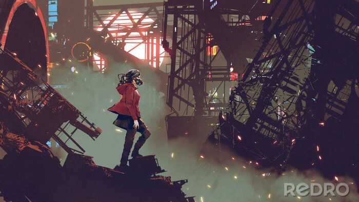 Poster vrouw met futuristisch masker die zich in de cyberpunkstad bevinden, digitale kunststijl, illustratie het schilderen