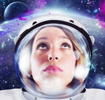 Poster Vrouwenastronaut en kosmos als achtergrond
