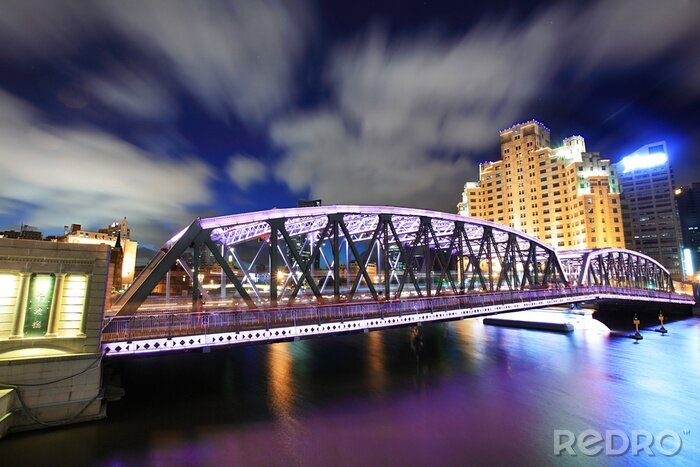 Poster Waibaidu brug in Shanghai bij nacht