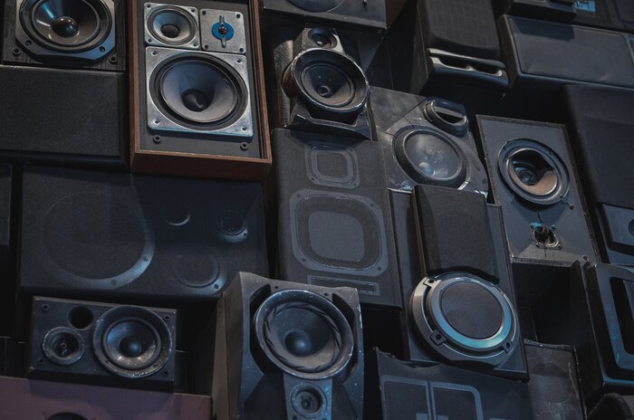 Poster Wall of vintage loudspeakers. Creative music background. 