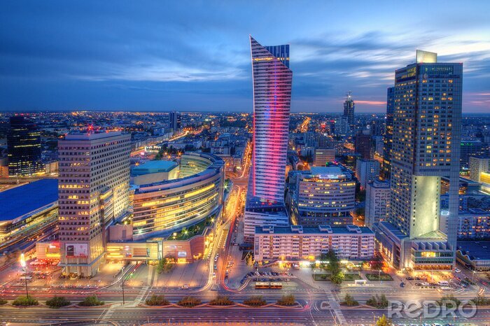 Poster Warszawa wieczorna panorama miasta