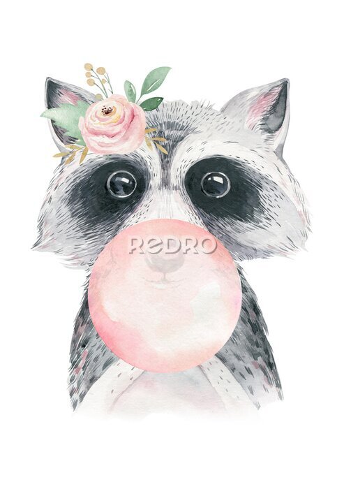 Poster Wasbeer met een roze ballon