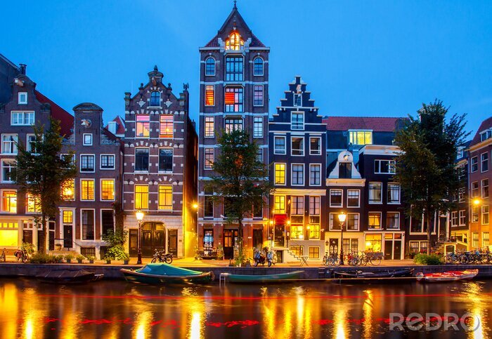 Poster Wasserkanal in Amsterdam bei Nacht