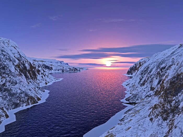 Poster Water omgeven door besneeuwde hellingen