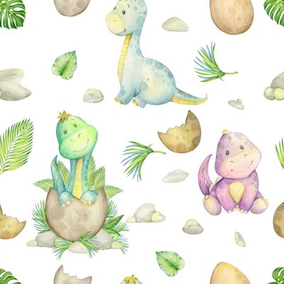 Behang Watercolo, seamless pattern. little dinosaur. isolated