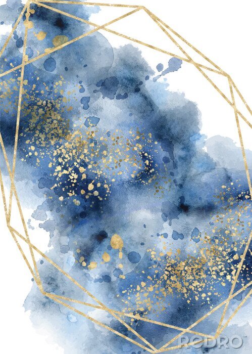 Poster Watercolor abstract aquamarine, background, watercolour blue and gold texture Vector illustration