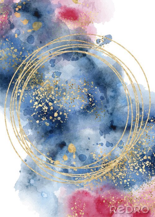 Poster Watercolor abstract aquamarine, background, watercolour blue, pink and gold texture Vector illustration