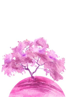 Watercolor abstract round spot, blot on white isolated background. purple, pink trees on the planet Earth. purple, pink colors. Ecological abstract art illustration. Blooming pink tree. Sakura, oak, 