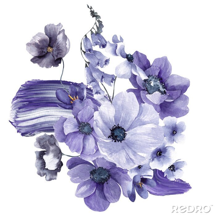 Poster Watercolor arrangements with very peri flowers and leaves. Violet floral, isolated on white background