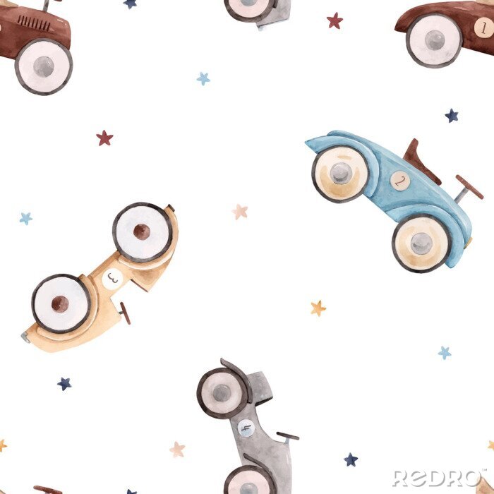 Poster Watercolor baby car vector pattern