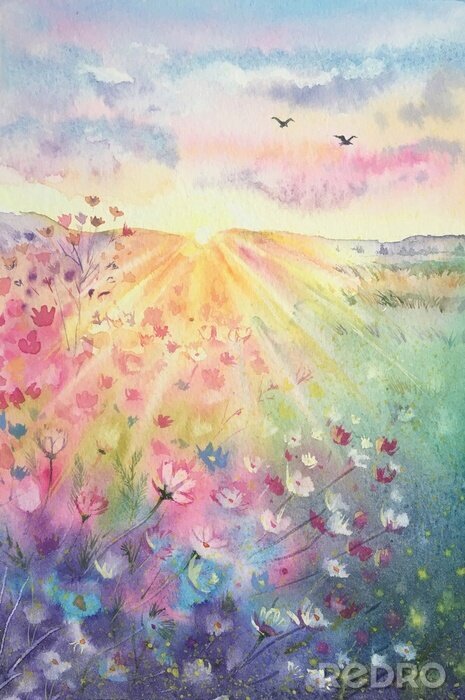 Poster Watercolor beautiful rural landscape with sunrise and blossoming meadow. Purple, white flowers flowering on spring field. Happy new day concept. Vertical view, copy-space. Template for designs , card.
