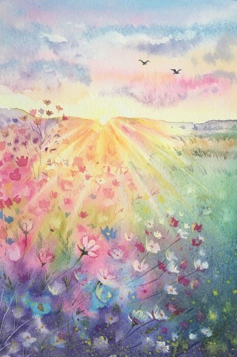 Poster Watercolor beautiful rural landscape with sunrise and blossoming meadow. Purple, white flowers flowering on spring field. Happy new day concept. Vertical view, copy-space. Template for designs , card.