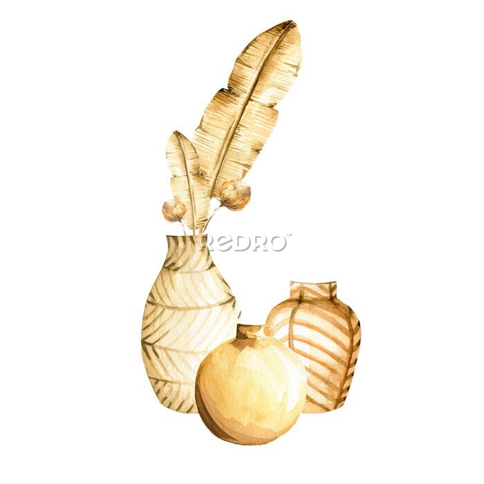 Poster Watercolor boho set- hand painted ceramic vase with bouquet of tropical palm leaves, flowers, dried grass. illustration perfect for fabric textile, prints, home interior, design, cards