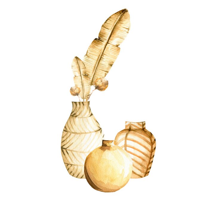 Poster Watercolor boho set- hand painted ceramic vase with bouquet of tropical palm leaves, flowers, dried grass. illustration perfect for fabric textile, prints, home interior, design, cards