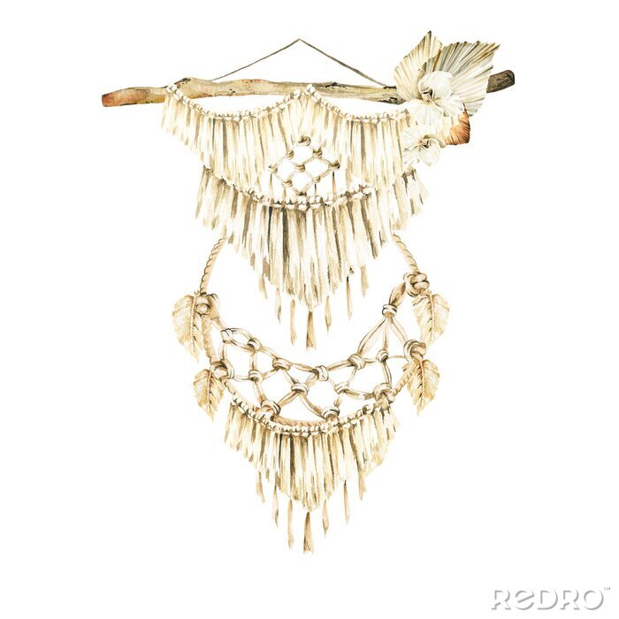 Poster Watercolor boho set- hand painted ethnic wall hanging woven decor - panno of macrame. illustration perfect for fabric textile, prints, home interior, design