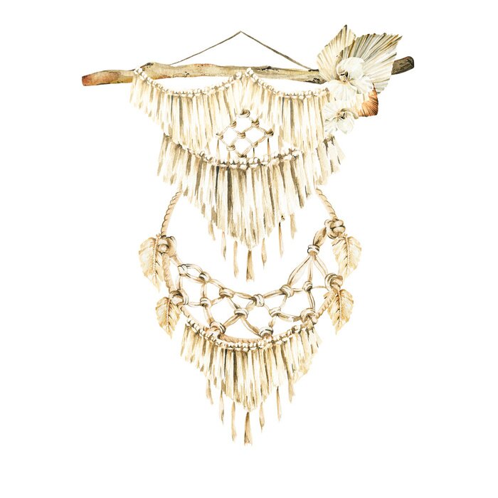 Poster Watercolor boho set- hand painted ethnic wall hanging woven decor - panno of macrame. illustration perfect for fabric textile, prints, home interior, design