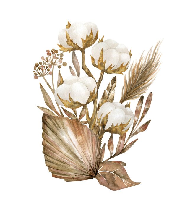 Poster Watercolor bouquet with cotton branch and dried plants. Leaves, flowers, feather in autumn brown ocra colors. Background in vintage style for wedding decoration, invitation, card, cover, poster