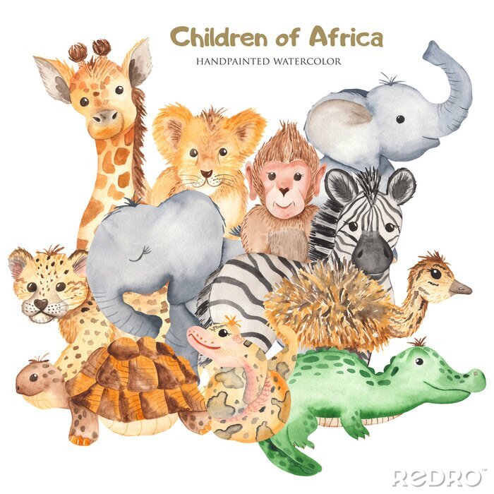 Poster Watercolor card with cute characters of African animals. Template for invitation, greeting card, party, baby shower, children's clothing and design.
