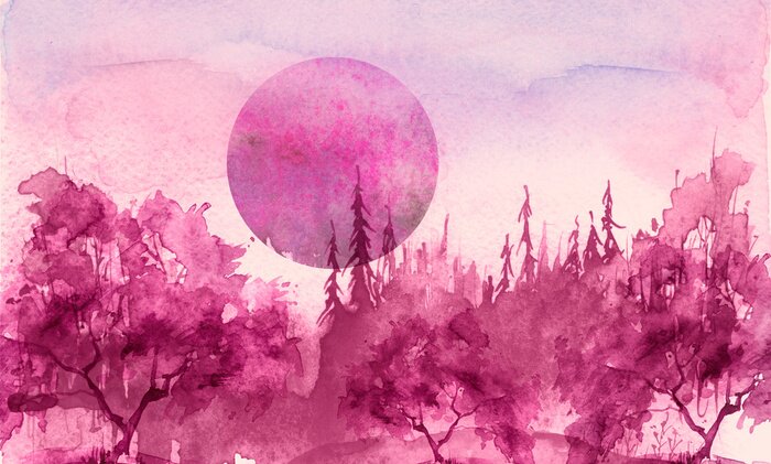 Poster Watercolor drawing, illustration. Forest landscape, fir, pine, tree, cedar, red, pink sun, sunset, sunrise. Splash paint, abstract illustration. Art painting. Winter landscape. Mystic forest