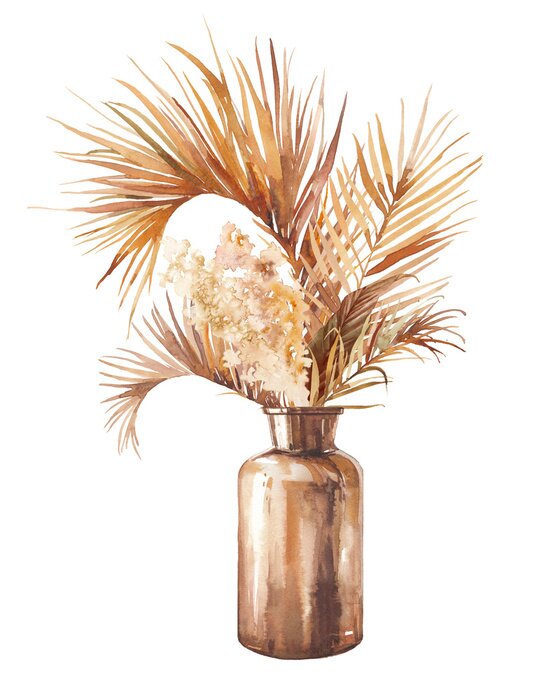 Poster Watercolor dried tropical plants bouquet in glass bottle. Boho chic home decor. Isolated illustration on white background