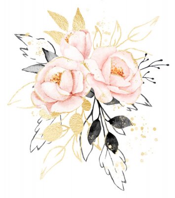 Poster Watercolor flowers, floral bouquet with gold gray leaves and blush pink peonies. Perfectly for print on greeting card, wedding invitation, poster. Hand drawing. Composition isolated on white.