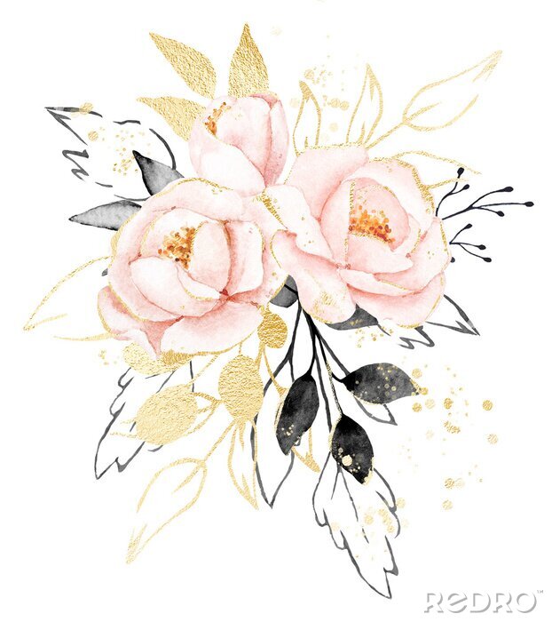 Poster Watercolor flowers, floral bouquet with gold gray leaves and blush pink peonies. Perfectly for print on greeting card, wedding invitation, poster. Hand drawing. Composition isolated on white.