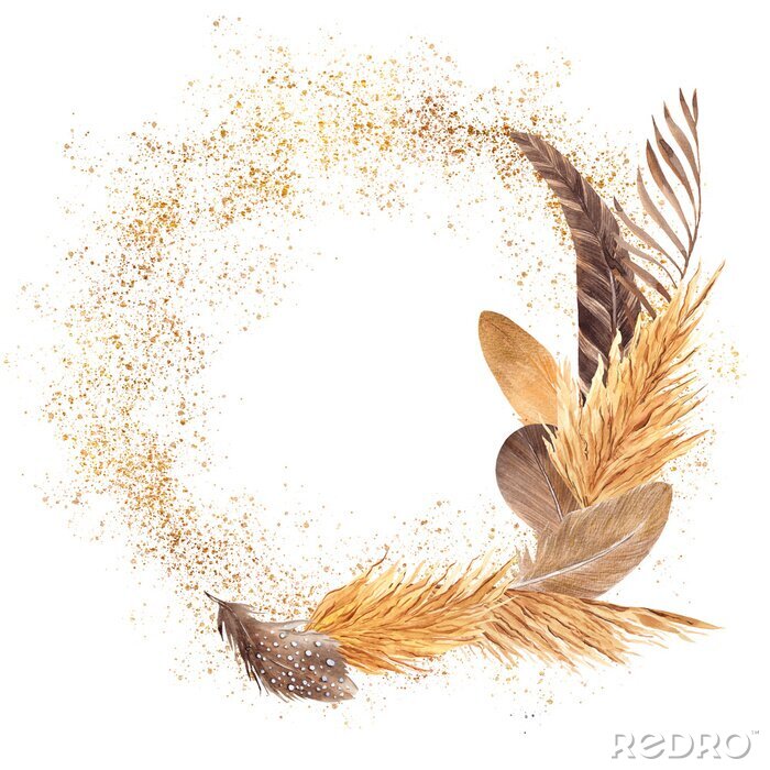 Poster Watercolor frame with graphic element, palm leaves, flowers, feathers, pampas grass, isolated on white background, for wedding card and invitations