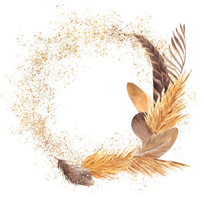 Poster Watercolor frame with graphic element, palm leaves, flowers, feathers, pampas grass, isolated on white background, for wedding card and invitations