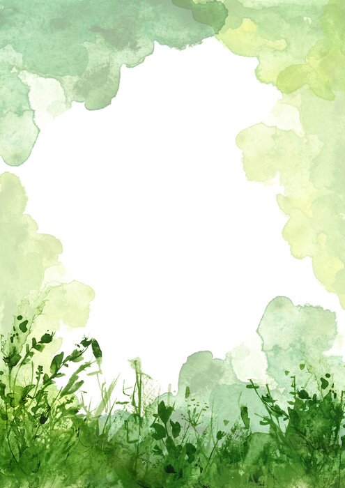 Poster Watercolor illustration. background with  floral pattern - grass, wild plants of green color. Watercolor card, frame, postcard, invitation. green natural, organic, bio, eco label.
