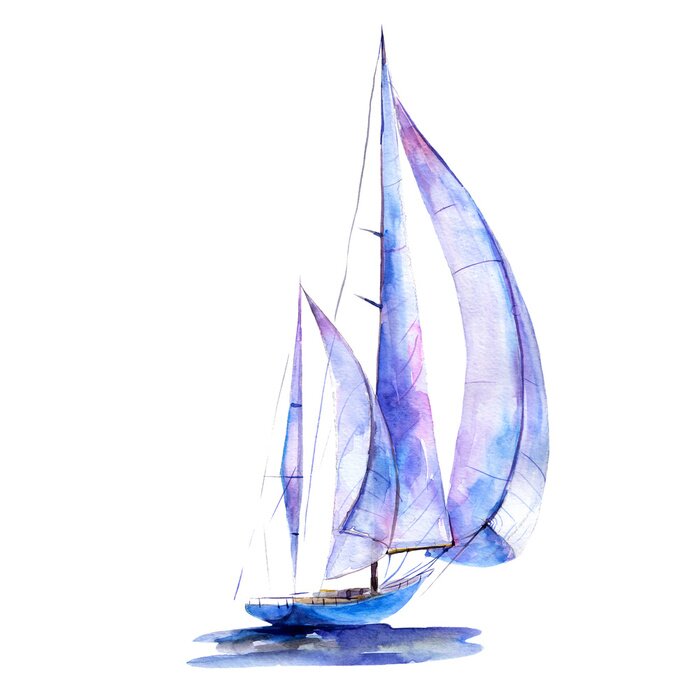 Poster Watercolor illustration, hand drawn painted sailboat isolated object on white background. Art print boat with blue sails.