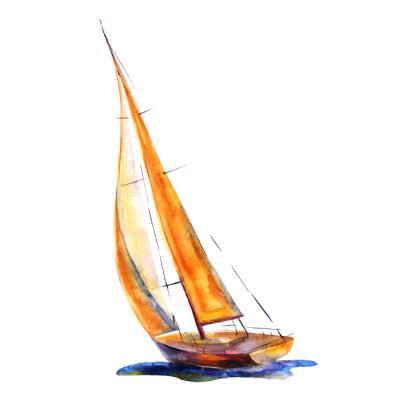 Poster Watercolor illustration, hand drawn painted sailboat isolated object on white background. Art print boat with orange sails.