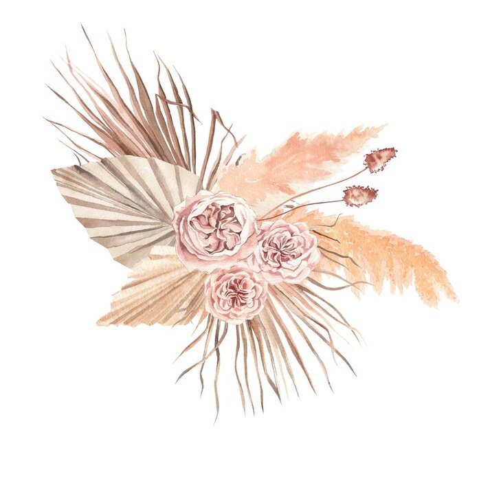 Poster watercolor illustration. Wedding bouquet in boho style, peony roses, flowers,pampas grass, palm leaves, dried flowers.  Design for invitations, weddings, baptism