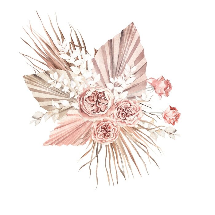 Poster watercolor illustration. Wedding bouquet in boho style, peony roses, pampas grass, palm leaves, dried flowers.  Design for invitations, weddings, baptism