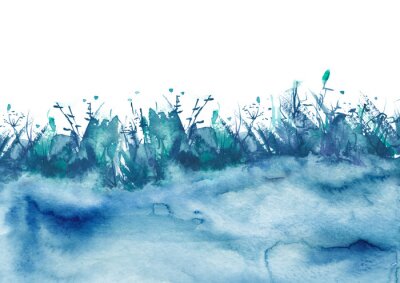 Watercolor illustration, wild grass on a white background. landscape of the earth is  blue, purple. Splash of paint.Abstract art illustration, shrub, branch, wild grass, plant. watercolor background, 