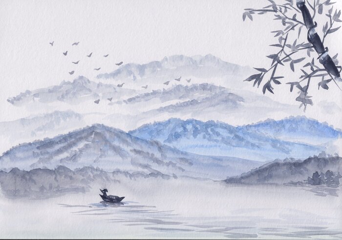 Poster Watercolor Illustration with mountains, river & fisherman boat. Asian serene landscape with bamboo. Oriental style painting with layers of rocks & birds. Concept for restore meditation background.
