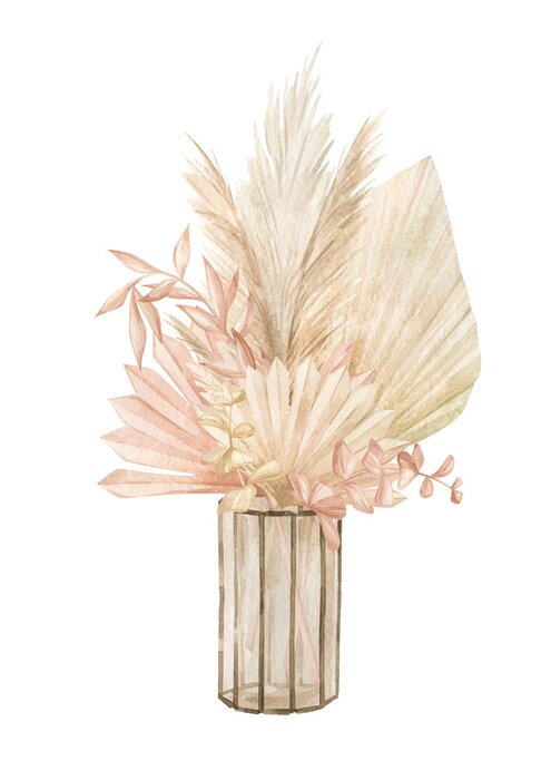 Poster Watercolor interior scene with glass vase with pampas grass and dried leaves. Aesthetic home Decor in boho style